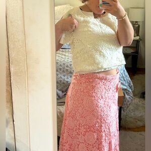 2 piece set pink lace maxi skirt w white lace crop top, 4, NWT Fame & Partners